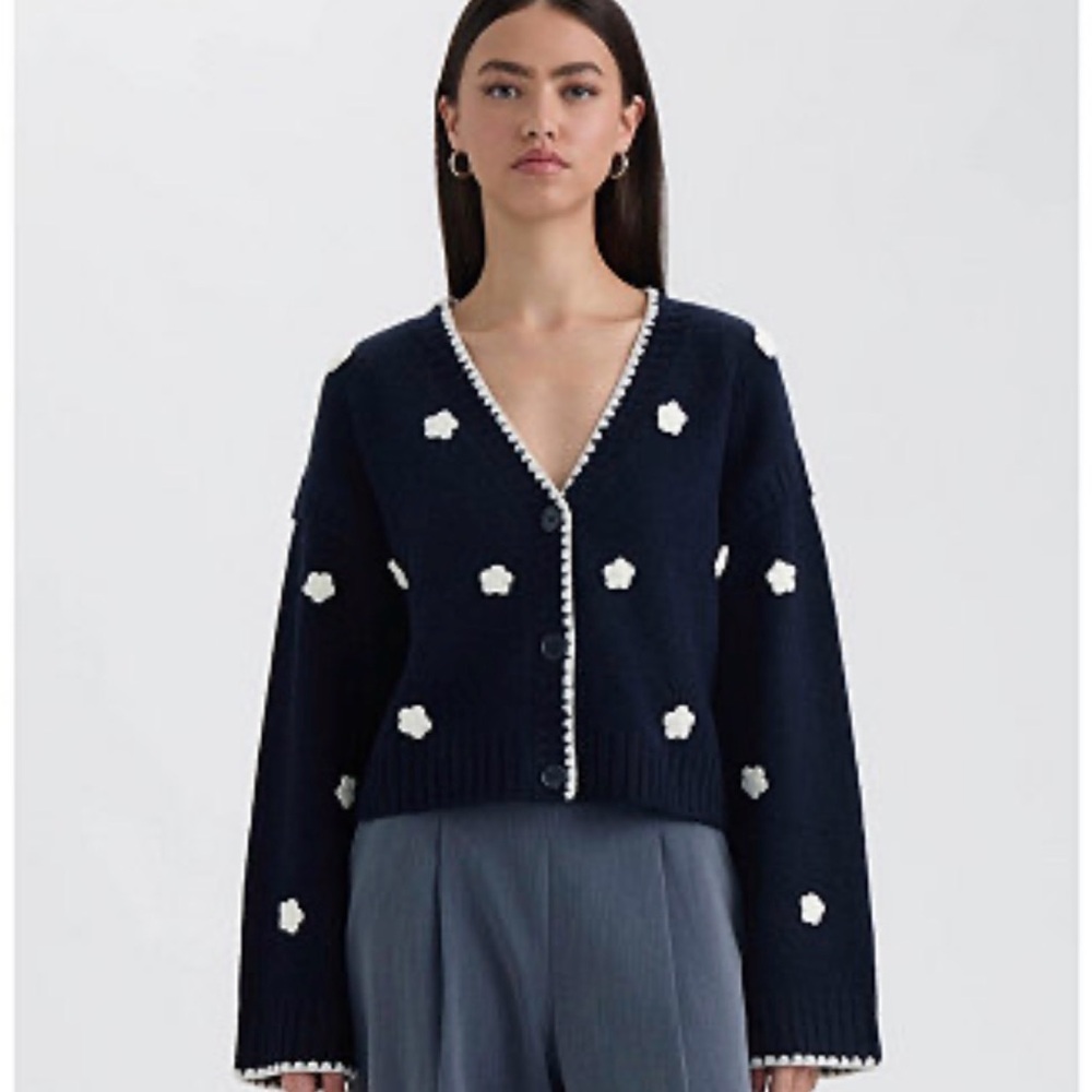 NVLT Navy Cardigan with 3D White Floral Design
